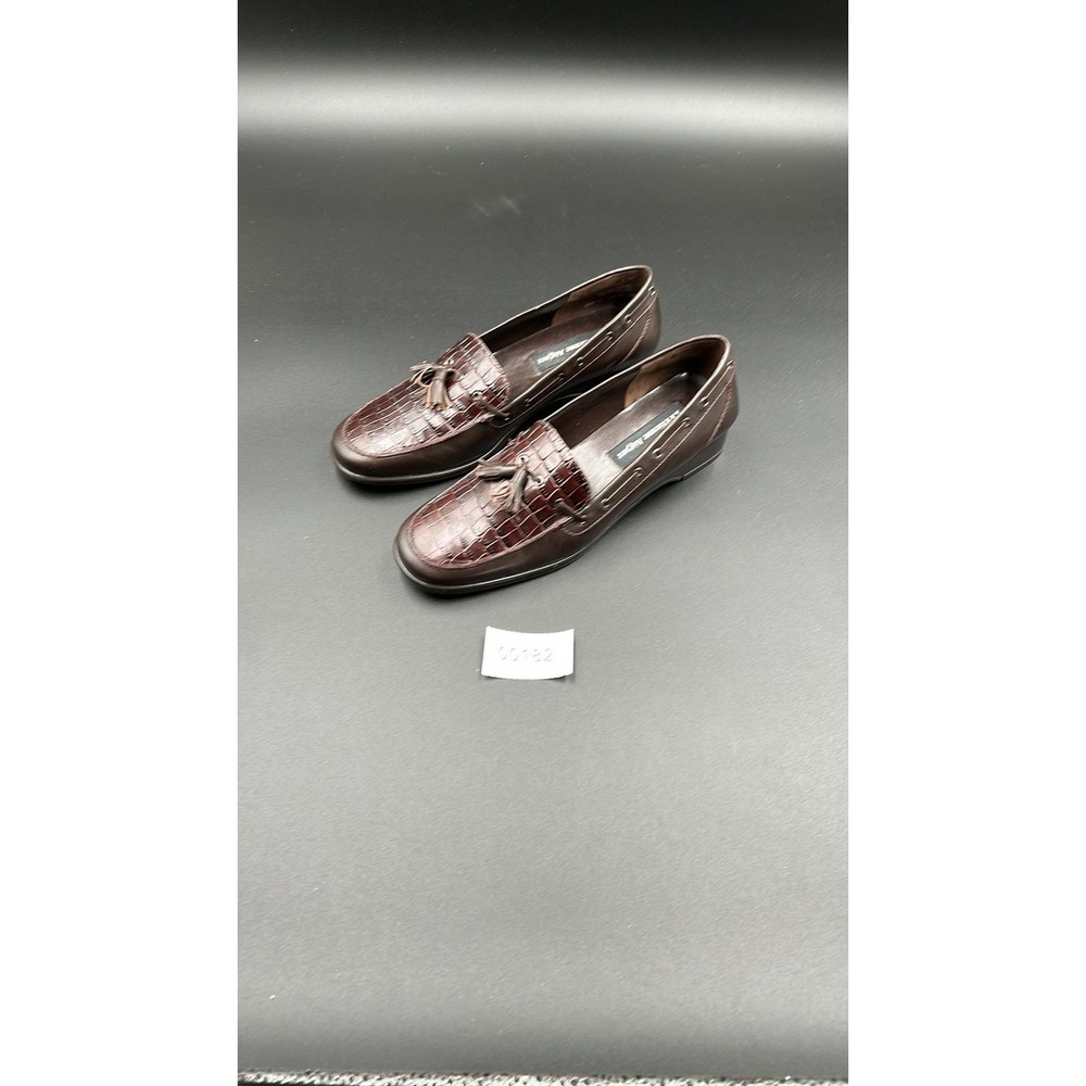 Etienne Aigner Dark Brown Croc Embossed Leather Tassel Loafers 6 Low Wedge